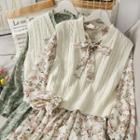Set: Ribbon-neckline Floral Midi Dress + Knit Vest