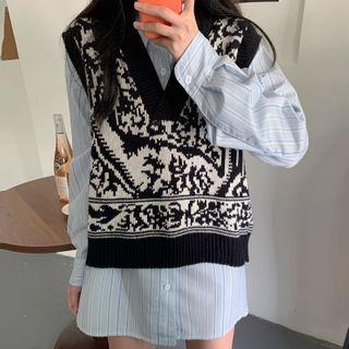 Set: Print Sleeveless Knit Top +striped Shirt