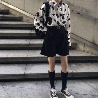 Print Long-sleeve Loose-fit Shirt / Plain Shorts / Faux-leather Belt