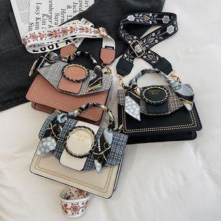 Tweed Panel Studded Flap Crossbody Bag