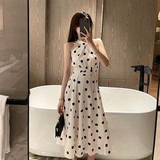 Sleeveless Twist Dotted Midi Sundress