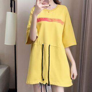 Printed Elbow Sleeve Drawstring Waist Dress