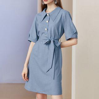 Tie-waist Elbow-sleeve Collared Dress