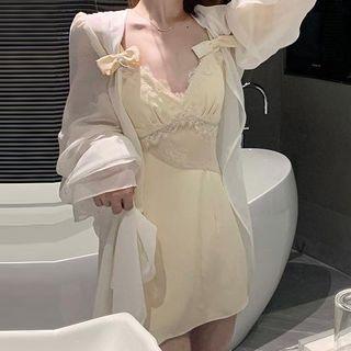 Bow Detail Lace Trim Slipdress/ Plain Chiffon Cardigan