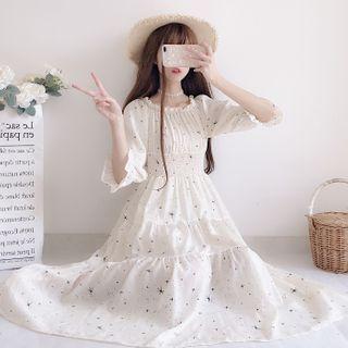 Elbow-sleeve Starry Print Shirred A-line Midi Dress