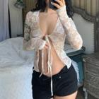 Long Sleeve Tie-front Floral Print See-through Crop Shirt