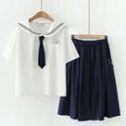 Short-sleeve Bear Embroidered Blouse / Tie / A-line Skirt / Set