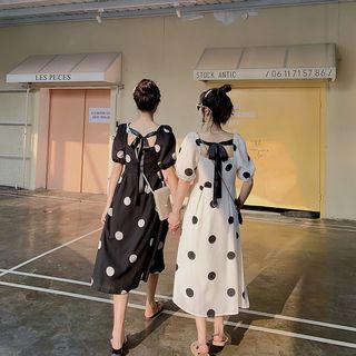 Puff-sleeve Polka Dot A-line Midi Dress