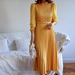 Belted Long Crystal-pleat Dress