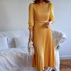 Belted Long Crystal-pleat Dress