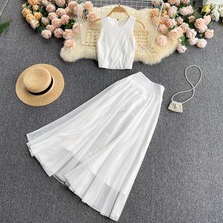 Set Of 2 : Plain Sleeveless Top + Chiffon Maxi Skirt