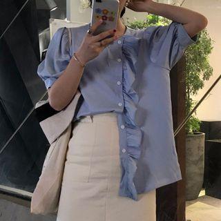 Short-sleeve Ruffle Blouse Blue - One Size