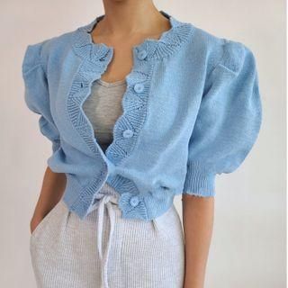 Plain Cutout Puff Short Sleeve Knitted Cardigan