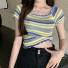 Short Sleeve Frilled Striped Crop T-shirt