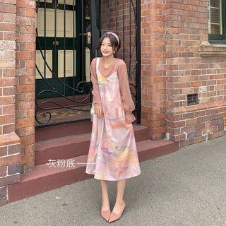 Floral Blouse / Strappy Dress / Long-sleeve Midi A-line Dress