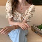 Short-sleeve Floral Top Blue & Yellow & Green & Apricot White - One Size