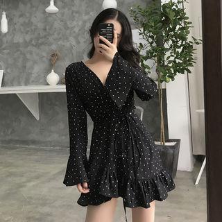 Polka-dot Ruffle-trim Wrap Minidress Black - One Size