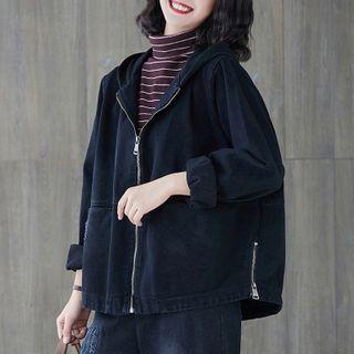 Color-block Hooded Denim Cropped Jacket
