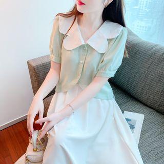 Short-sleeve Collared Knit Top / Midi A-line Skirt / Set