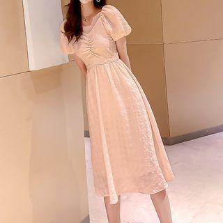 Puff-sleeve Crinkled A-line Midi Dress