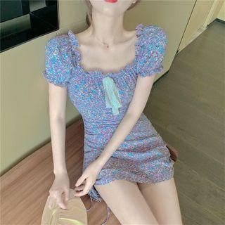 Floral Puff-sleeve Drawstring Mini Bodycon Dress