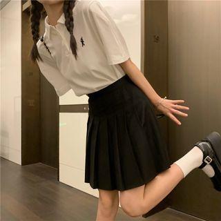 Polo-neck Embroidered T-shirt + Pleated Mini Skirt