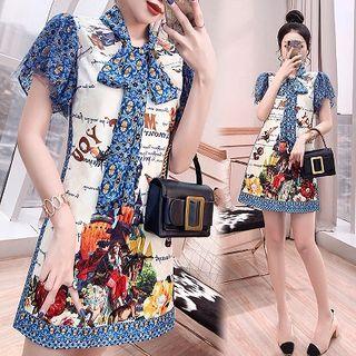 Short-sleeve Tie-neck Printed A-line Mini Dress