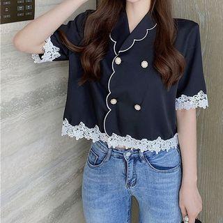 Lace Trim Double-breasted Cropped Blouse