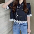Lace Trim Double-breasted Cropped Blouse