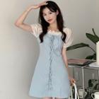 Mock Two-piece Puff-sleeve Lace-up Mini A-line Dress
