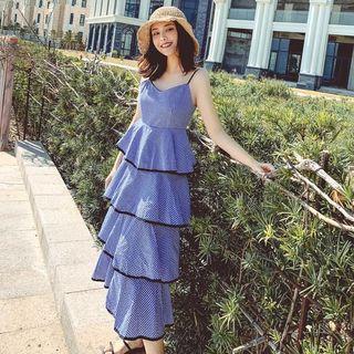 Spaghetti Strap Plaid Tiered Midi Dress