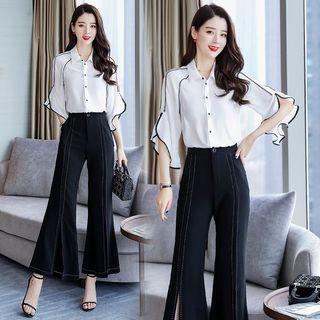 Set: 3/4-sleeve Contrast Trim Ruffled Shirt + Wide-leg Pants