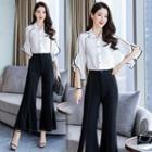 Set: 3/4-sleeve Contrast Trim Ruffled Shirt + Wide-leg Pants