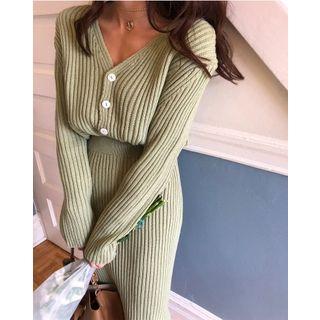 Set: V-neck Ribbed Cardigan + Band-waist Slit-side Skirt