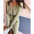 Set: V-neck Ribbed Cardigan + Band-waist Slit-side Skirt