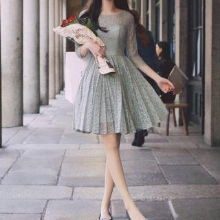 Elbow-sleeve Crewneck Pleated Plain Panel Lace Sheath Dress
