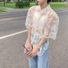 Short-sleeve Lace Loose-fit Blouse Almond - One Size
