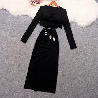 Set: Spaghetti Strap Shirred Midi Bodycon Dress + Crop Blazer