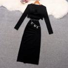 Set: Spaghetti Strap Shirred Midi Bodycon Dress + Crop Blazer
