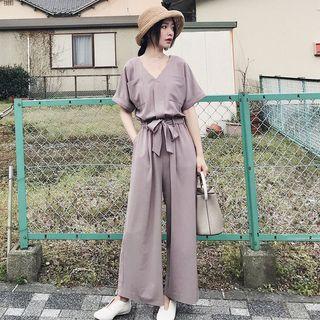 Short-sleeve Chiffon Wide Leg Jumpsuit