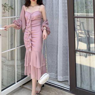 Plain Light Jacket / Shirred Slim-fit Sleeveless Dress