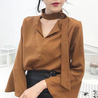 Plain V-neck Bell-sleeve Blouse