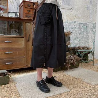 Buttoned A-line Midi Skirt Black - One Size