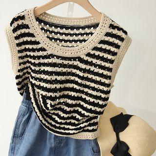 Striped Knit Tank Top Stripe - Black & Beige - One Size