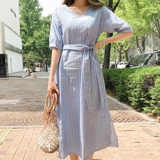 V-neck Striped Linen Blend Dress With Sash Sky Blue - One Size