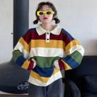 Long-sleeve Striped Polo Knit Top Stripe - One Size