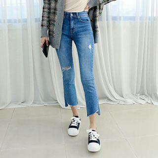 Petite Size Cutout Distressed Straight-cut Jeans