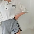 Elbow-sleeve Embroidered Henley T-shirt White - One Size