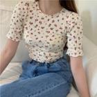 Floral Short-sleeve Slim-fit Cropped Top As Figure - One Size