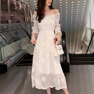 3/4-sleeve Embroidered Chiffon A-line Midi Dress